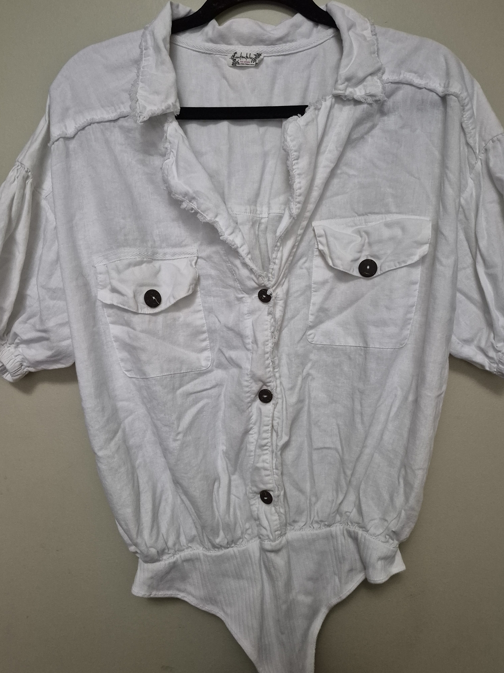 White Button-Front Cotton Bodysuit with Pocket Details